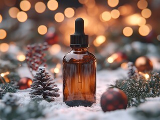 Amber glass bottle for essence or fragrance oils in snow, surrounded by pine branches, red berries