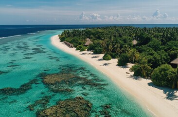Fototapeta premium An aerial perspective of a tropical resort, showcasing pristine beaches and lush greenery in a heavenly setting.