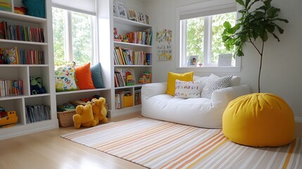 A bright and cheerful kids' playroom with colorful decor, storage solutions, and a fun reading nook