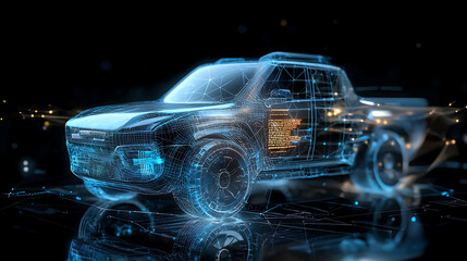 Futuristic blue digital truck wireframe display virtual environment high-tech visualization modern concept luminous design