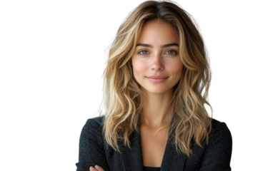  A poised and self-assured woman business coach stands confidently with her arms crossed, exuding success and professionalism.
