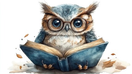 watercolor illustration of a cute owl wearing glasses reading a book isolated on transparent background in png style