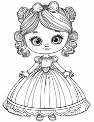 Fototapeta premium Beautiful and cute doll in a dress for coloring book, black and white illustration for coloring book