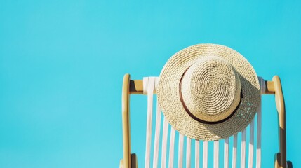 contemporary summer scene, beach chair relaxation, casual vacation styling, crisp blue background, woven hat detail, refreshment element, minimal studio setup, modern leisure photograph