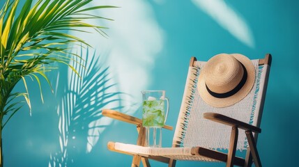 contemporary summer scene, beach chair relaxation, casual vacation styling, crisp blue background, woven hat detail, refreshment element, minimal studio setup, modern leisure photograph