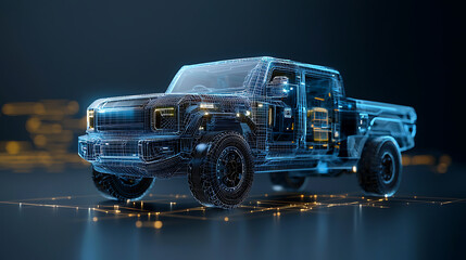 Futuristic electric vehicle action digital showroom wireframe blue neon truck modern environment 3d viewpoint innovative technology concept