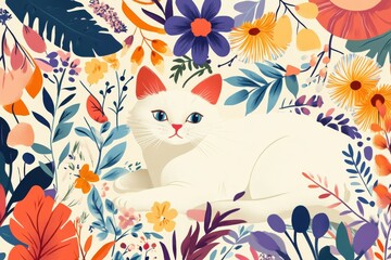 Art colorful illustration with cat surrounded by flowers. Art poster for decoration your interior and for use in your unique design.