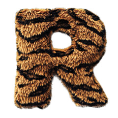 Top view of a 3D letter 'R' made of Tiger skin isolated on a white transparent background