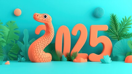 Fototapeta premium Cute snake 2025 New Year tropical scene