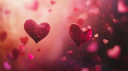 Obraz premium elegant heart bokeh frame, tender pink gradient background, floating romantic shapes, soft focus effect, dreamy valentine atmosphere, delicate scattered elements, gentle translucent overlay, abstract