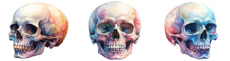 Watercolor skull art, realistic skull illustrations, vibrant color palette, anatomical study, artistic representation.