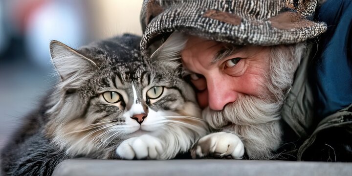 cat panhandler living on the streets in poverty