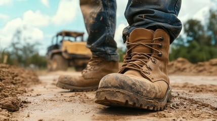 A close-up of a worker's steel-toe boots covered in dust at a construction site