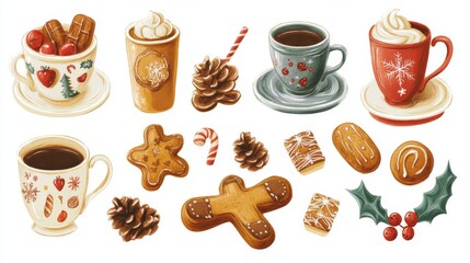 Festive hot drinks and biscuits set, decorated Christmas cookies, winter coffee cups, spiced beverages, traditional gingerbread shapes, charming cartoon illustration style