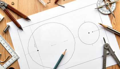Hand-drawn circle on graph paper with geometric notations and formulas, soft natural lighting with a pencil nearby