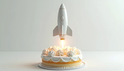 Creative Rocket Launching from a Cake, Perfect for Celebrating Milestones and Cake Shop Advertisements