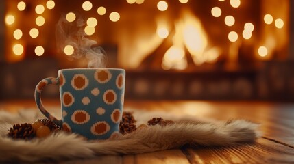 Festive winter socks with nordic pattern, steaming polka dot ceramic mug, crackling fireplace flames, blurred Christmas lights background, rustic wooden floorboards, soft fur rug, intimate domestic