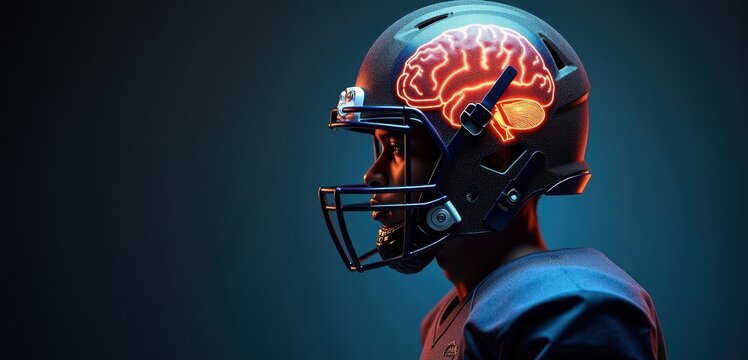 A surreal representation of a football player, featuring a brain illuminated on the helmet, symbolizing brain health in sports.