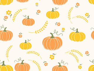 Seamless pattern with pumpkin, rice plant or wheat and cute flower on yellow background vector.