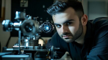 Focused scientist examining complex laboratory equipment.