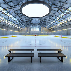 Ice hockey rink with a circular light box above the benches, perfect for sports gear ads.