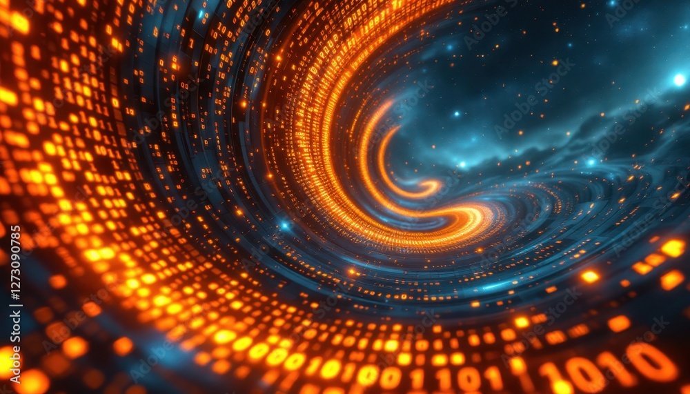 Fototapete Digital vortex: futuristic abstract with glowing binary code and cosmic background