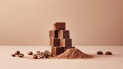 Gourmet cocoa arrangement, rich chocolate squares, fresh coffee beans, premium nuts, delicate powder details, warm neutral background, minimalist product photography