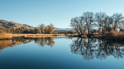 Obraz premium The tranquil surface of a lake, perfectly mirroring the surrounding trees and landscape