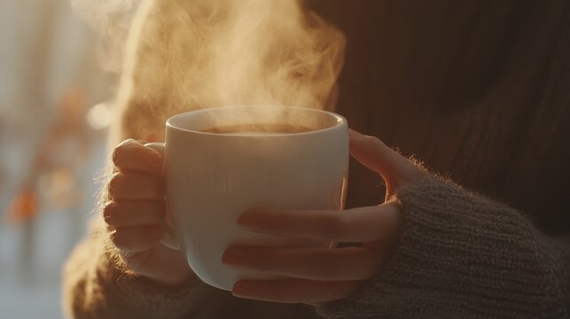 intimate macro shot, hands holding warm white mug, steaming hot cocoa, creamy texture, dreamy soft bokeh background, minimalist winter mood, gentle morning light, candid lifestyle photo, muted