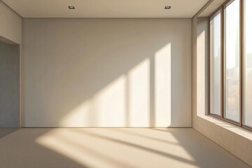 Modern minimalist style, an empty room with a window on the right side of the wall, a beige floor, white walls and ceiling