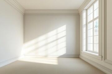 Obraz premium Modern minimalist style, an empty room with a window on the right side of the wall, a beige floor, white walls and ceiling