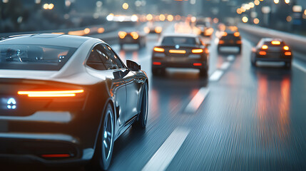 Obraz premium Sleek curved cybernetic cars navigating ai-driven highways at night futuristic urban environment dynamic action scene