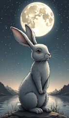 A whimsical rabbit gazes at a full moon, set against a tranquil night landscape. Perfect for childrens illustrations, greeting cards, or nature-themed designs.