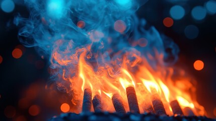 Outdoor bonfire at night with vibrant smoke and bokeh