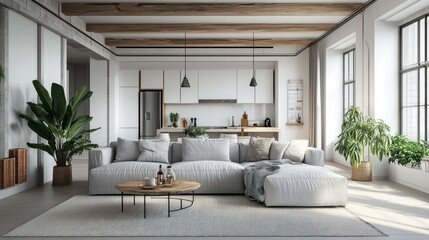 Fototapeta premium Modern minimalist living room with open kitchen, sunlight, plants