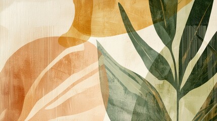 Two abstract botanical posters with overlapping tropical plant shapes, organic textures, and natural green and beige tones, styled for a bohemian and minimal interior.