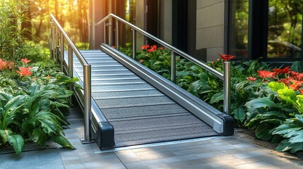 Outdoor accessible ramp leading to building with landscaped gardens