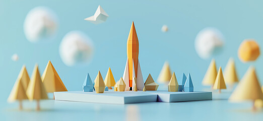 Kennedy Space Center. 3D rendering of Kennedy Space Center simple low poly origami style, web banner with copy space