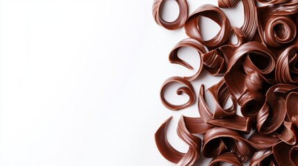 Fototapeta premium Premium chocolate garnish collection, perfectly curled ribbons, deep cocoa brown tones, intricate spiral shapes, soft shadows, bright white background, commercial styling