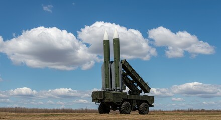 Mobile missile system on display, with two large missile tubes and surrounding clouds