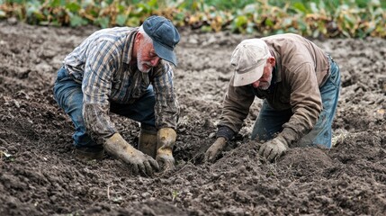Two farmers working together to harvest potatoes, digging them from the rich, dark soil.