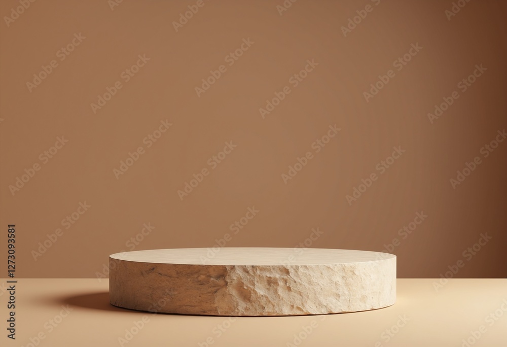 Poster empty brown stone podium, cosmetic display stand on brown background. 3d rendering