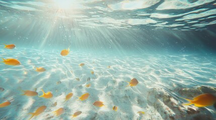Underwater scene with rays of light filtering through clear blue water, showing colorful fish swimming around