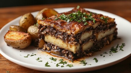 A delicious serving of layered lasagna with roasted potatoes, garnished with herbs.