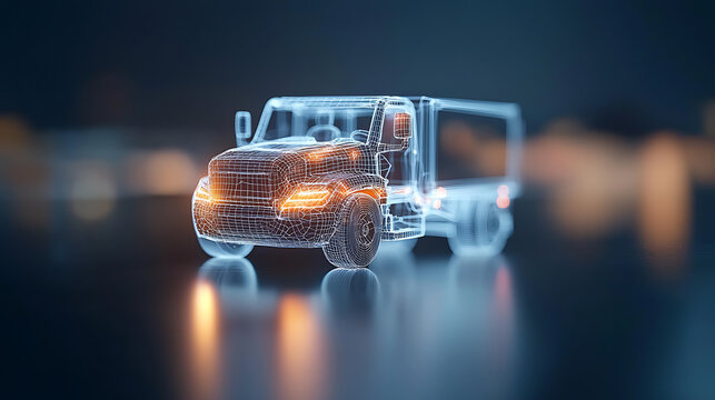 Futuristic electric truck wireframe model digital design showcase urban environment 3d visualization technology concept