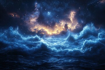 Fototapeta premium Dark ocean storm with lighting and waves at night landscape