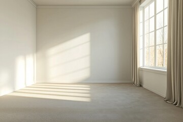 Obraz premium Modern minimalist style, an empty room with a window on the right side of the wall, a beige floor, white walls and ceiling