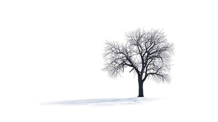 Solitary bare tree on snowy ground, isolated on white background.