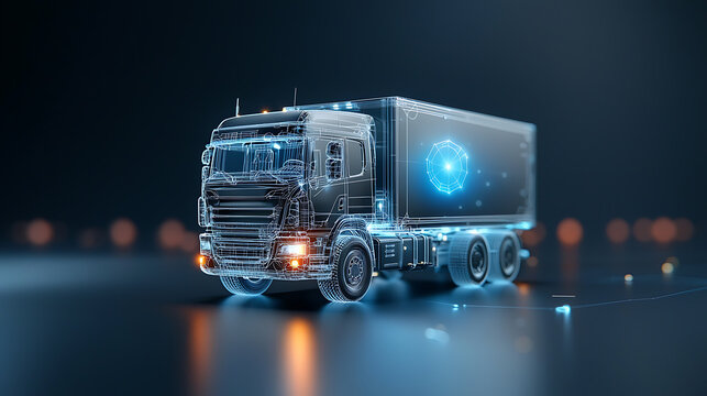 Illuminated digital truck wireframe design futuristic environment 3d model high-tech visualization conceptual viewpoint