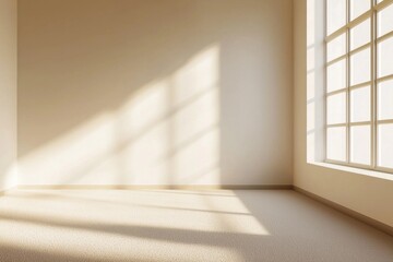 Obraz premium Modern minimalist style, an empty room with a window on the right side of the wall, a beige floor, white walls and ceiling
